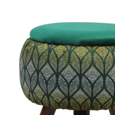 Round Velvet Footstool with Wooden Legs  Inspired by Persian Art Green Naghme