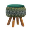 Round Velvet Footstool with Wooden Legs  Inspired by Persian Art Green Naghme