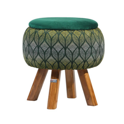 Round Velvet Footstool with Wooden Legs  Inspired by Persian Art Green Naghme