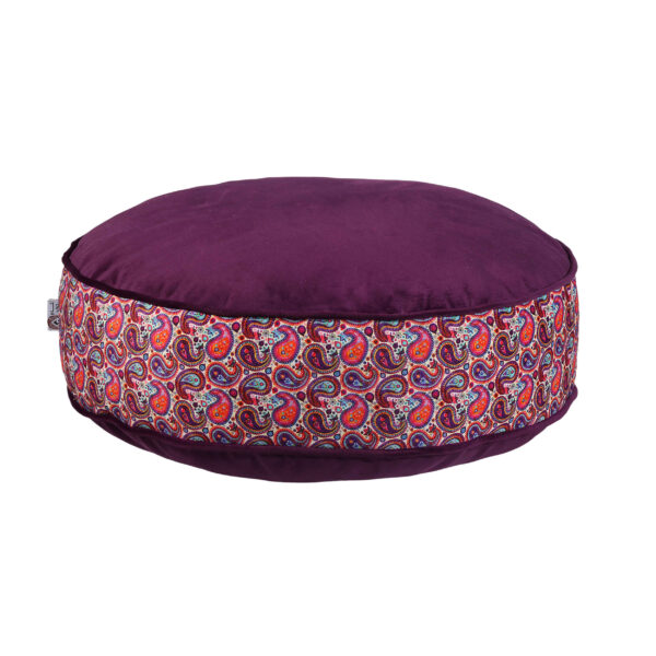 Bohemian Large Round Velvet Pouffe Inspired by Persian Art Purple Paisley
