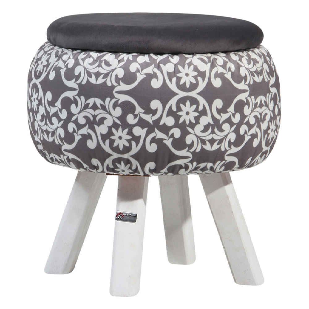 Round Velvet Footstool with Wooden Legs Inspired by Persian Art Gray Dorsa