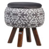 Round Velvet Footstool with Wooden Legs Inspired by Persian Art Gray Dorsa