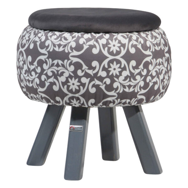 Round Velvet Footstool with Wooden Legs Inspired by Persian Art Gray Dorsa
