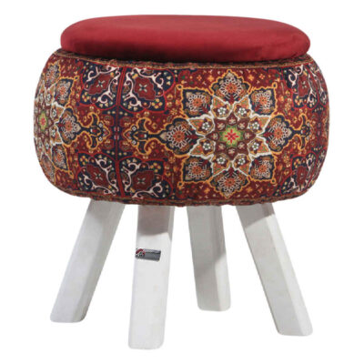 Round Velvet Footstool with Wooden Legs Inspired by Persian Art Maroon Fatima