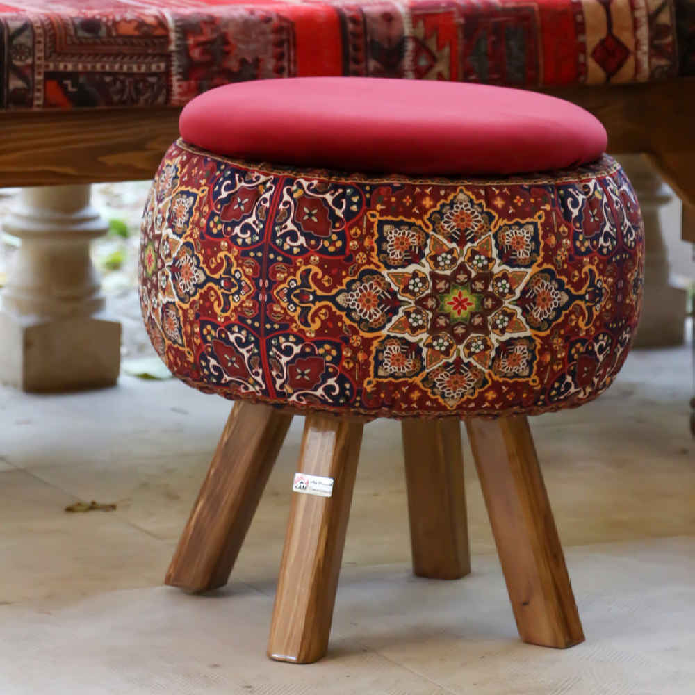 Round Velvet Footstool with Wooden Legs Inspired by Persian Art Maroon Fatima