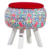 Round Velvet Footstool with Wooden Legs Inspired by Persian Art Maroon Hanife