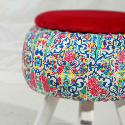 Round Velvet Footstool with Wooden Legs Inspired by Persian Art Maroon Hanife