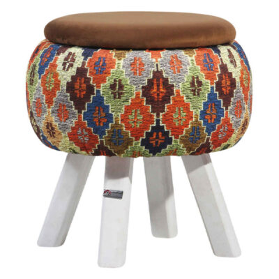 Round Velvet Footstool with Wooden Legs Inspired by Persian Art Brown Mahta