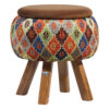 Round Velvet Footstool with Wooden Legs Inspired by Persian Art Brown Mahta
