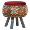 Round Velvet Footstool with Wooden Legs Inspired by Persian Art Maroon Nastaran