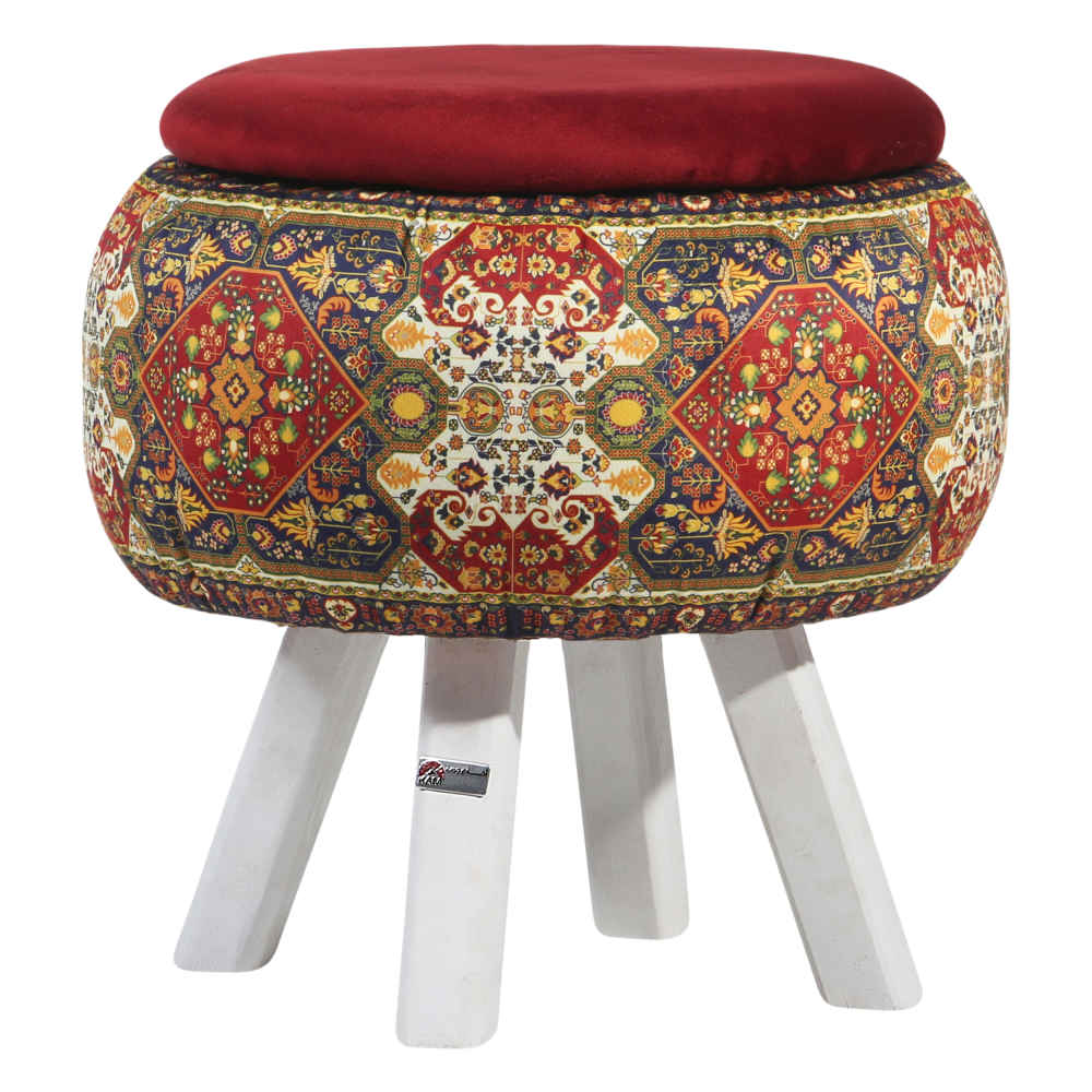 Round Velvet Footstool with Wooden Legs Inspired by Persian Art Maroon Nastaran