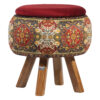 Round Velvet Footstool with Wooden Legs Inspired by Persian Art Maroon Nastaran