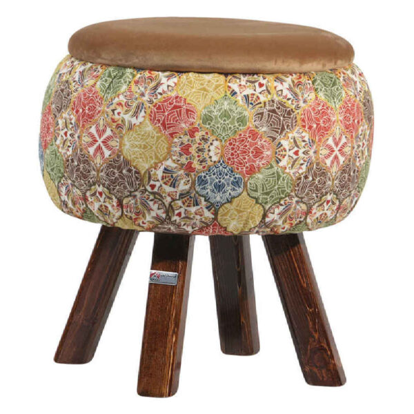 Round Velvet Footstool with Wooden Legs Inspired by Persian Art Brown Negar