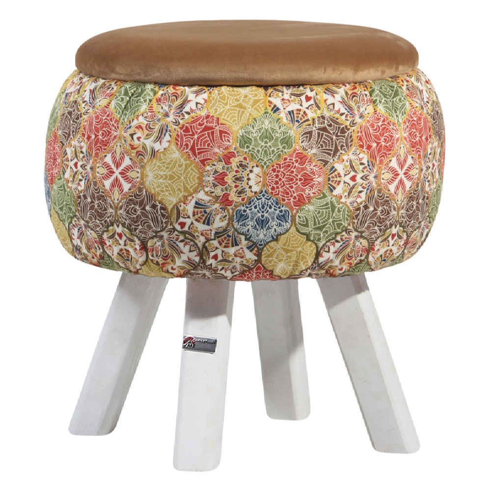 Round Velvet Footstool with Wooden Legs Inspired by Persian Art Brown Negar