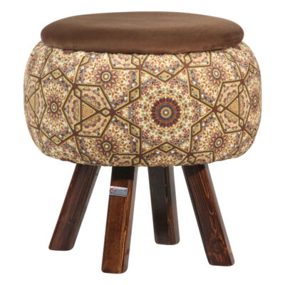 Round Velvet Footstool with Wooden Legs Inspired by Persian Art Brown Raha