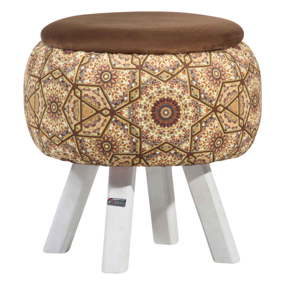Round Velvet Footstool with Wooden Legs Inspired by Persian Art Brown Raha