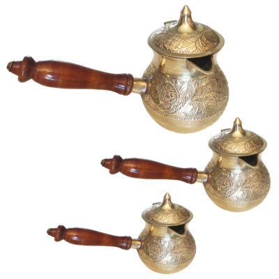 Set of 3 Turkish Coffee Pots – Traditional Brass Cezve / Ibrik, Engraved Karina