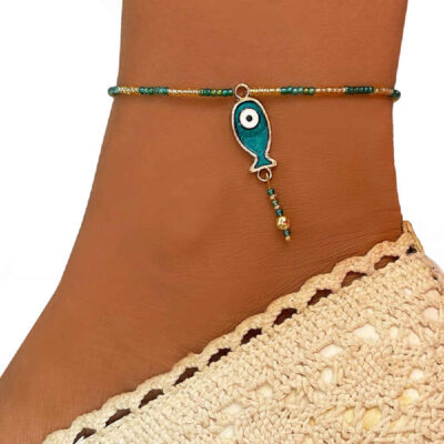 Steel Cheshm Nazar Beaded Anklet Model Fish