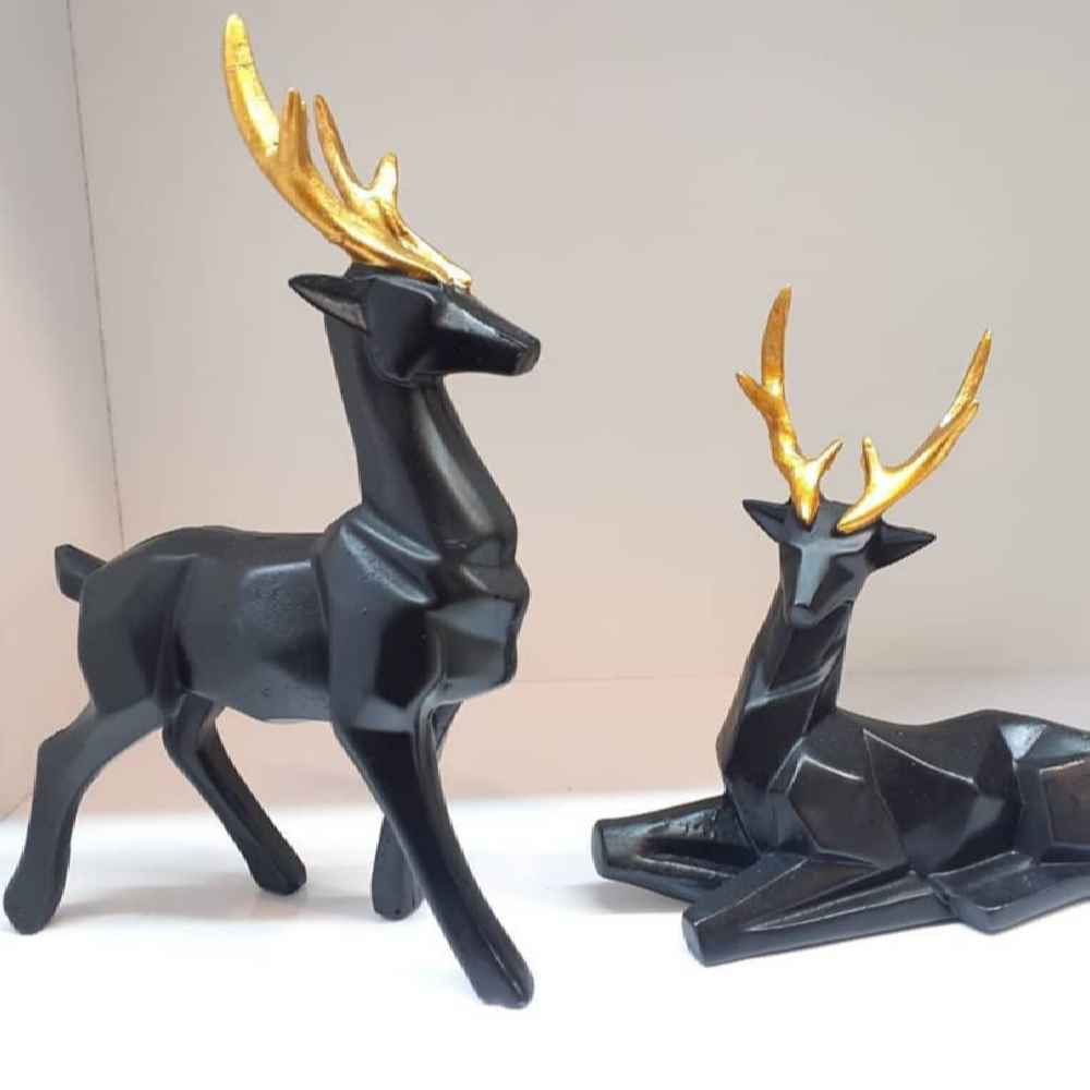 Set of 2 Geometric Black Polyester Deer Cubism Figurines – Artistic