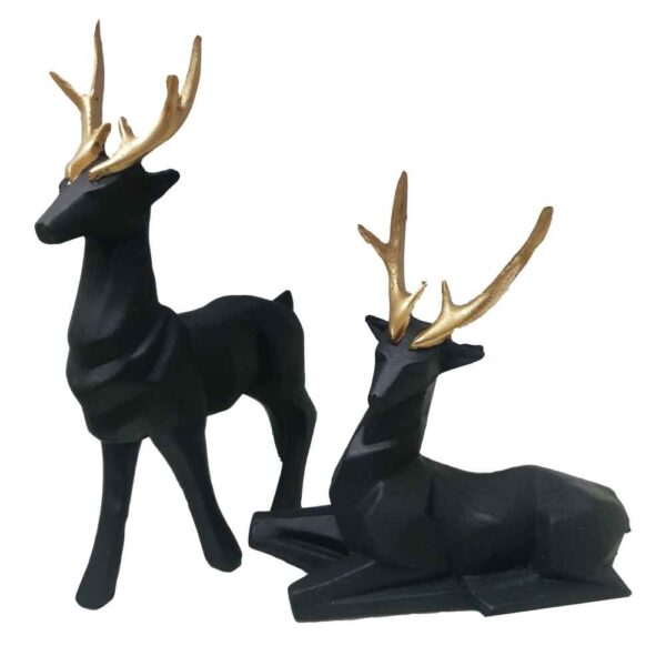 Set of 2 Geometric Black Polyester Deer Cubism Figurines - Artistic