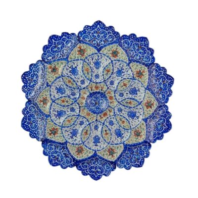 Decorative Copper Plate Hand-Painted with Persian Minakari Enamel Lajevard