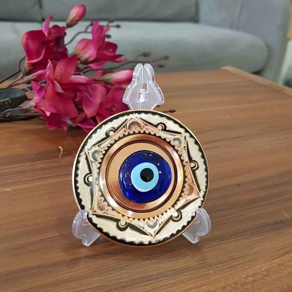 Decorative Copper Plate Hand-Painted with Persian Minakari Enamel Evil Eye