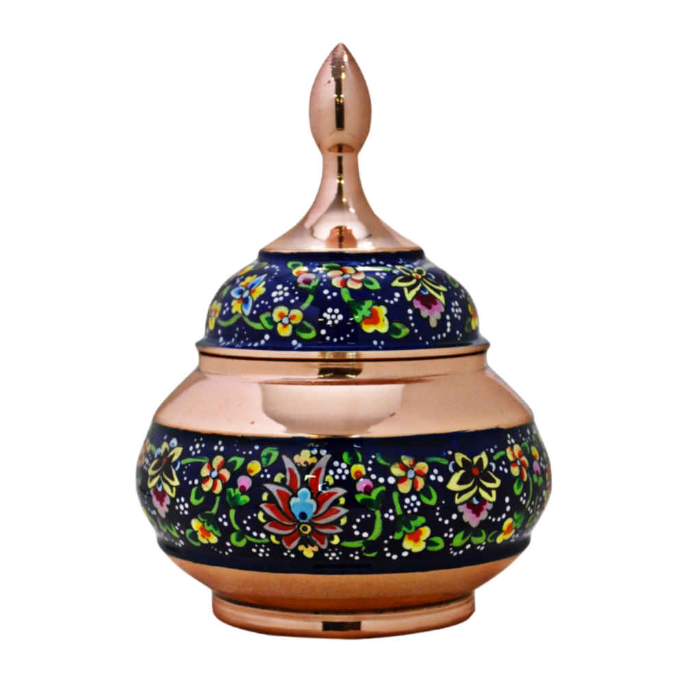 Handcrafted Persian Copper Sugar Bowl with Lid - Minakari Enameled Jahan