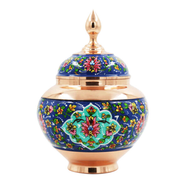 Handcrafted Persian Copper Sugar Bowl with Lid - Minakari Enameled Raz