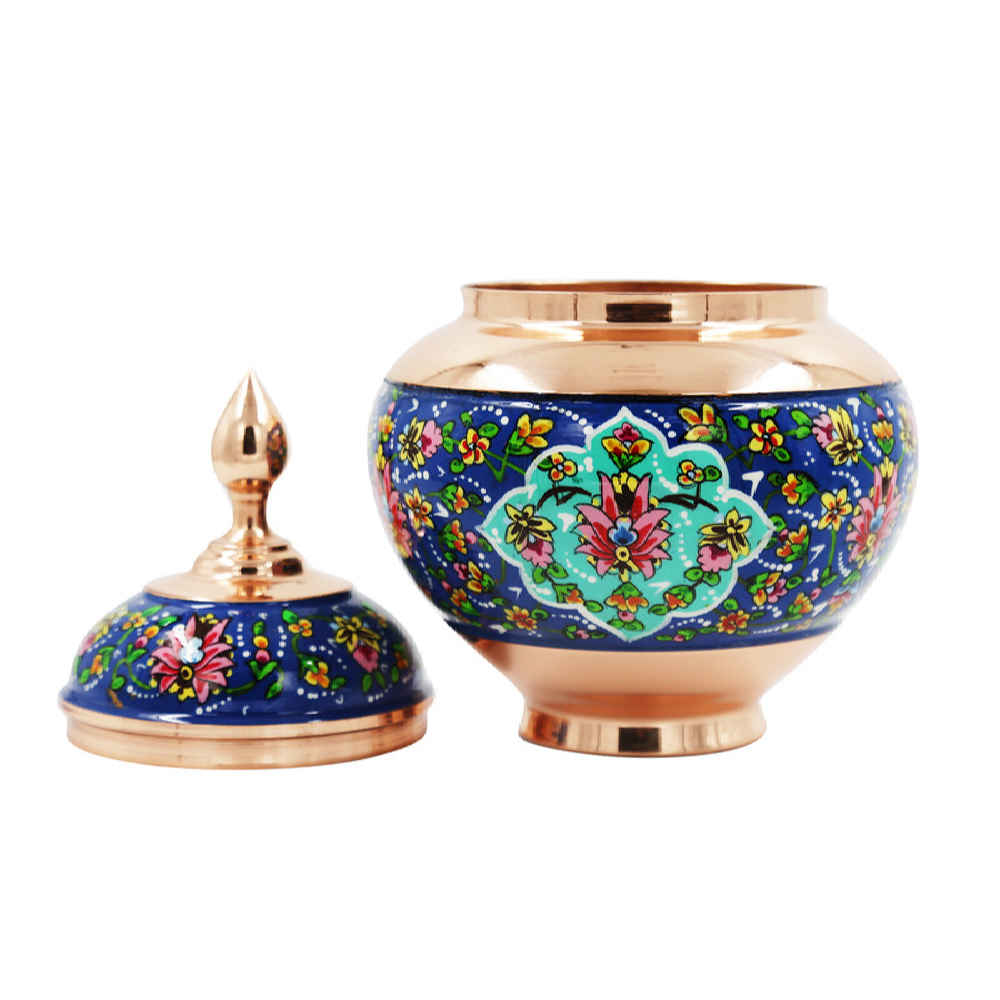 Handcrafted Persian Copper Sugar Bowl with Lid – Minakari Enameled Raz