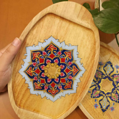 Wooden Tea Serving Tray – Tazhib Design | Ideal for Tea, Coffee & Snacks