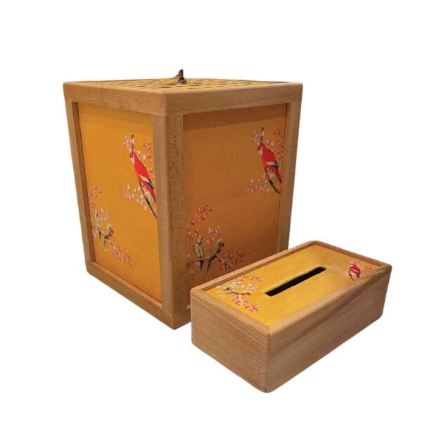 Persian Wooden Waste Basket & Tissue Box Set - Parrot