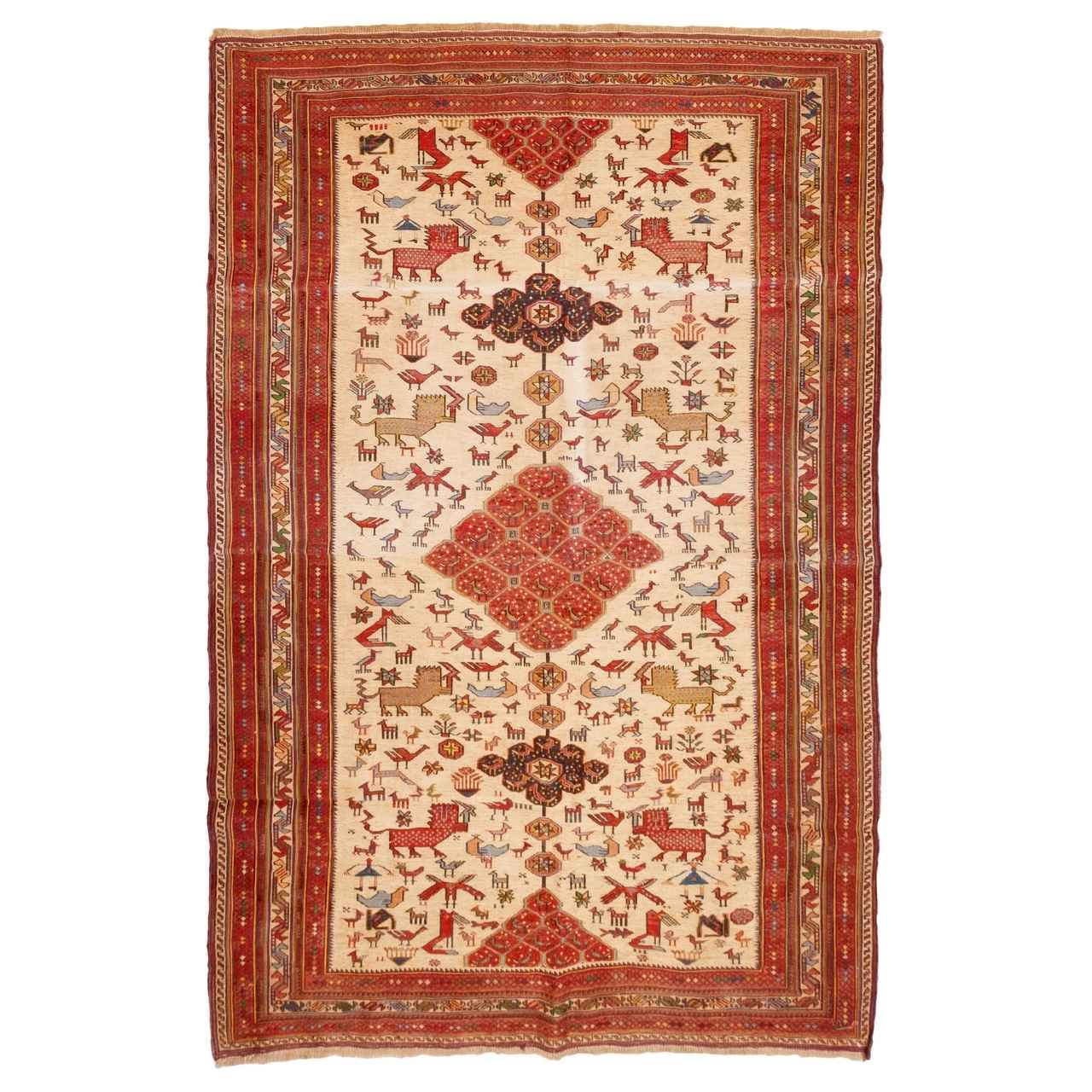 Vintage Persian Kilim Wool Rug Handwoven in Sirjan Animals