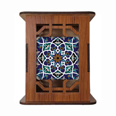 Wooden Pen Holder for Desk With Persian Inspired Pattern Blue