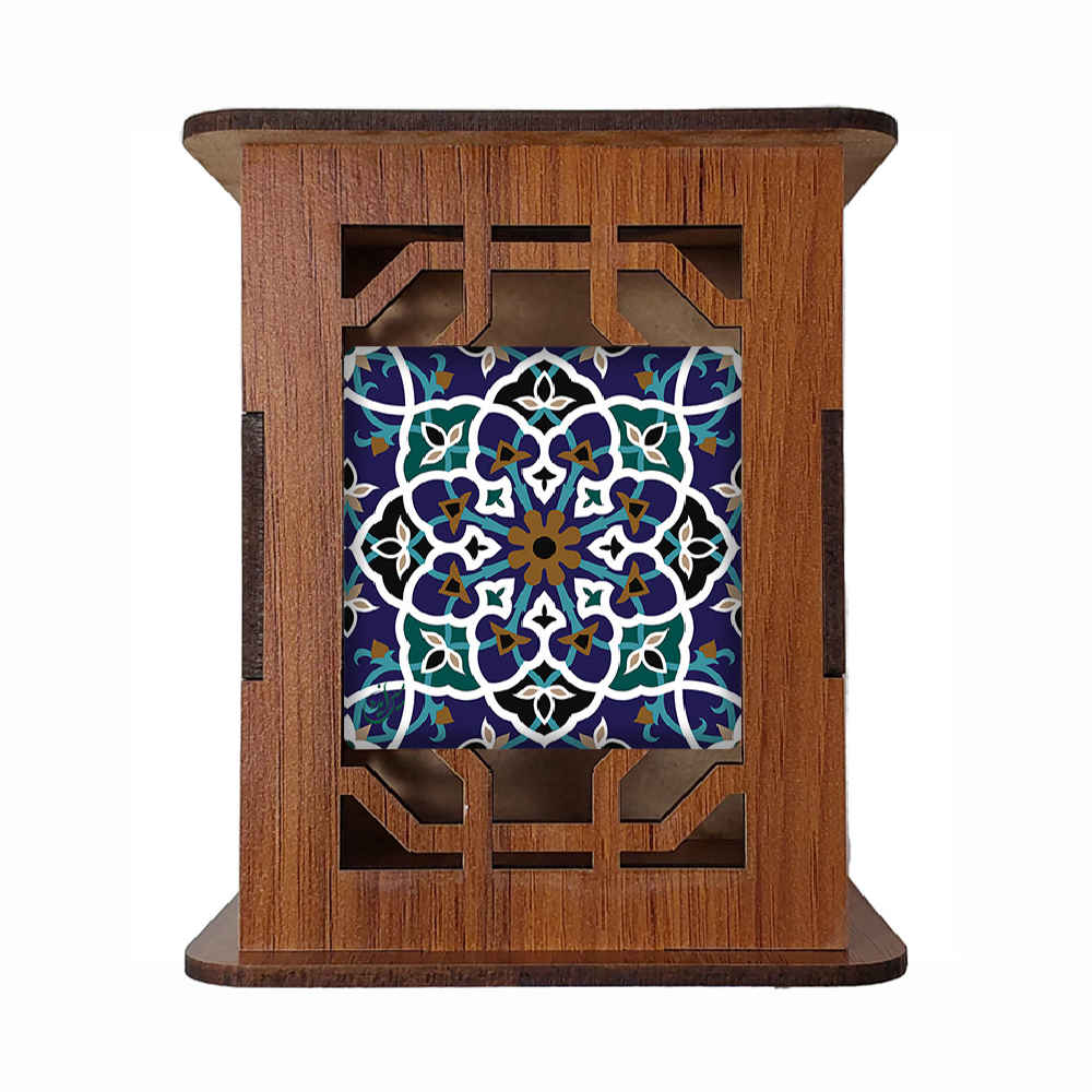 Wooden Pen Holder for Desk With Persian Inspired Pattern Blue