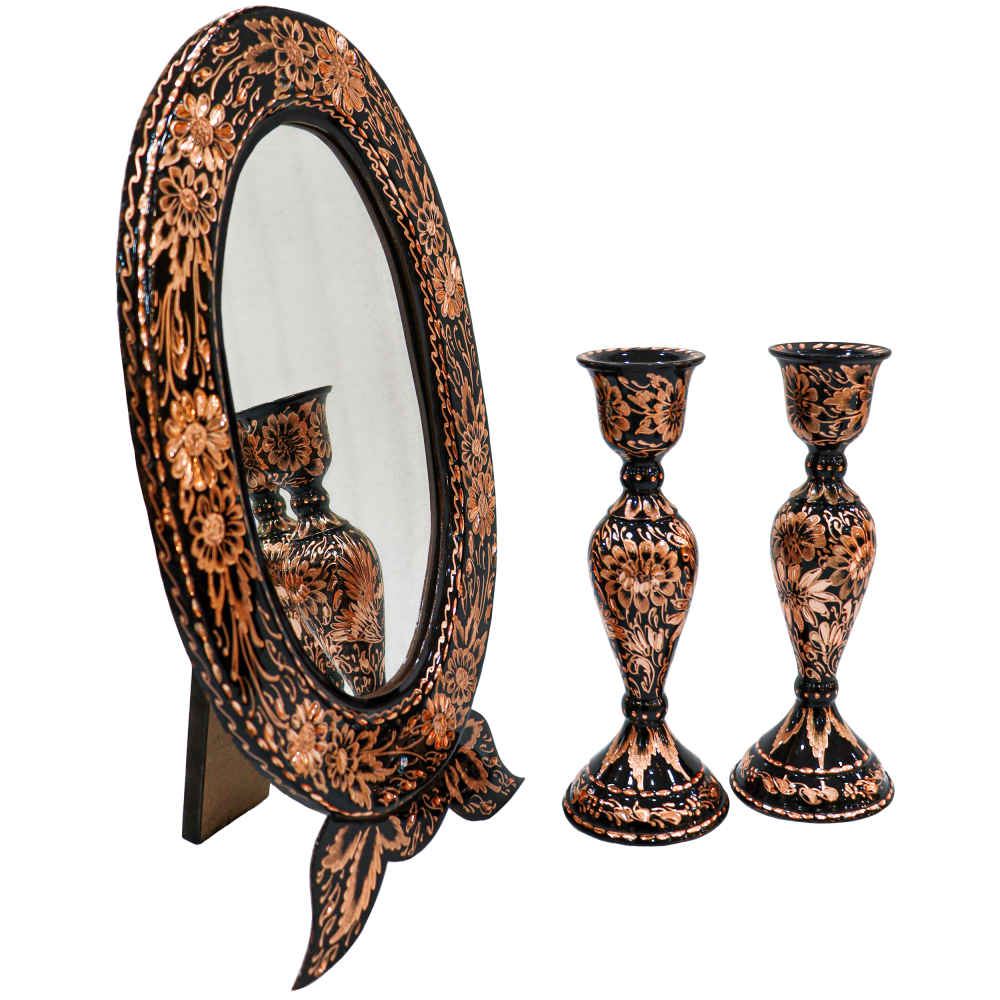 Engraved Persian Copper Mirror Frame & Candlesticks Set – Arsh Design