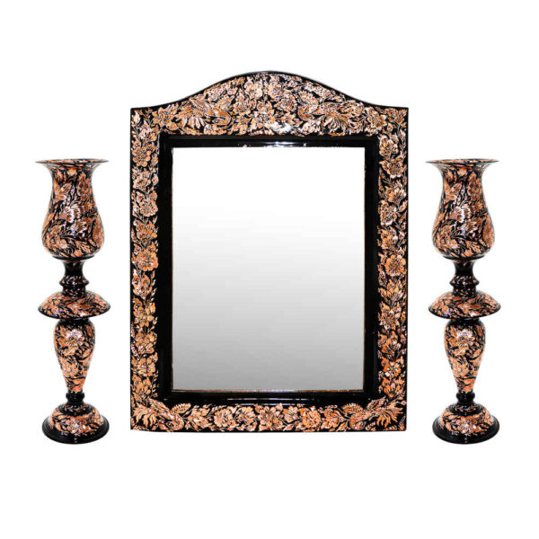 Engraved Persian Copper Mirror Frame & Candlesticks Set – King Design