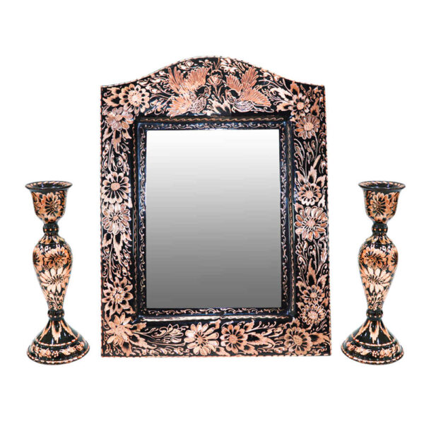 Engraved Persian Copper Mirror Frame & Candlesticks Set – Elham Design