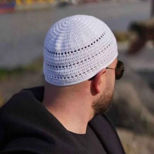 Crochet White Turkish Kufi Taqiyah - Traditional Muslim Cotton Hat
