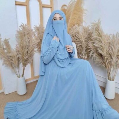 Light Blue Muslim Square Scarf & Half Niqab Set for Women