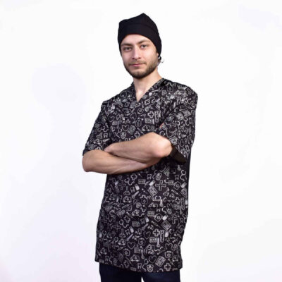 Men’s Black Medical Scrub Top & Cap Set – Sleek & Professional