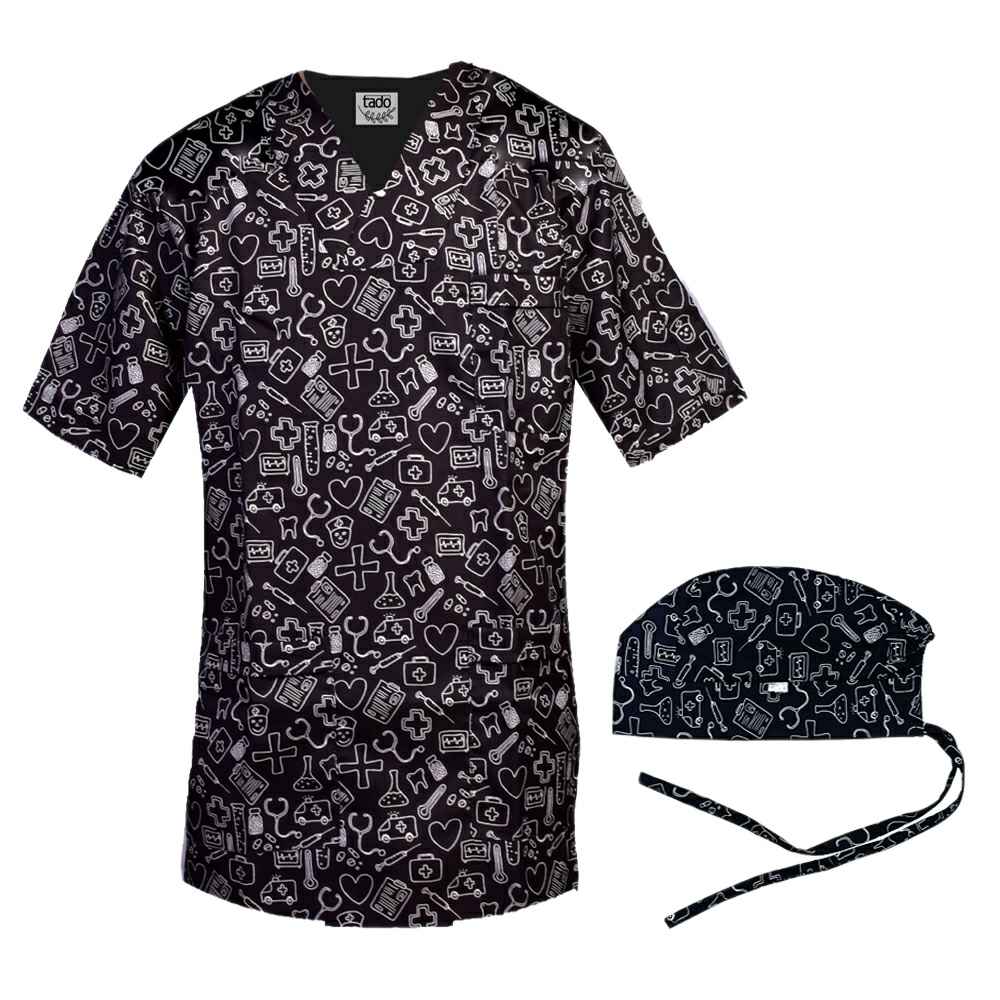 Men’s Black Medical Scrub Top & Cap Set – Sleek & Professional
