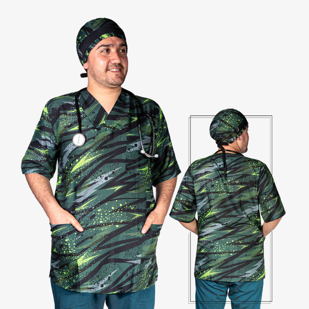 Men’s Green Medical Scrub Top & Cap Set – Vibrant & Durable