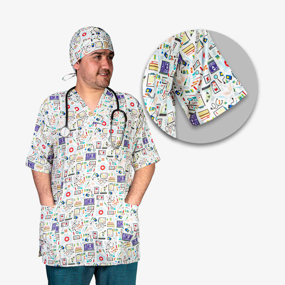 Men’s White Nursing Scrub Top & Cap Set – Clean & Comfortable