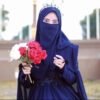Navy Blue Islamic Crepe Square Scarf & Niqab Set for Women