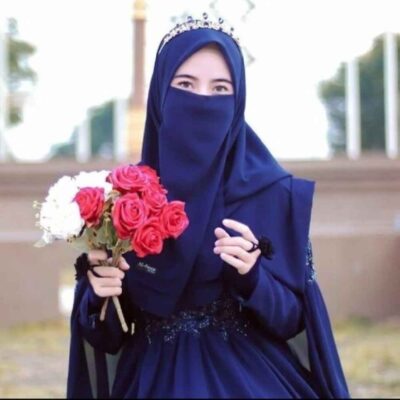Navy Blue Islamic Crepe Square Scarf & Niqab Set for Women
