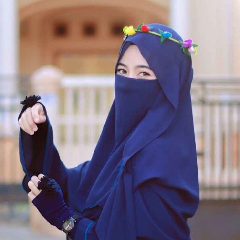 Navy Blue Islamic Crepe Square Scarf & Niqab Set for Women