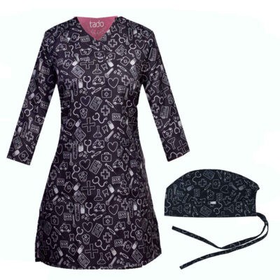 Women’s Black Medical Scrub Top & Cap Set – Coordinated & Elegant