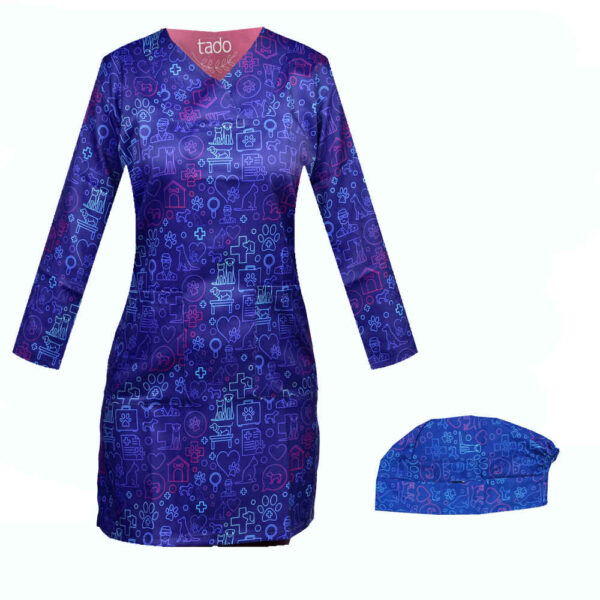 Women's Blue Veterinarian Scrub Top & Cap Set – Professional & Coordinated