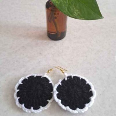 Knitted Earrings Drop Handcrafted for Women Black Round
