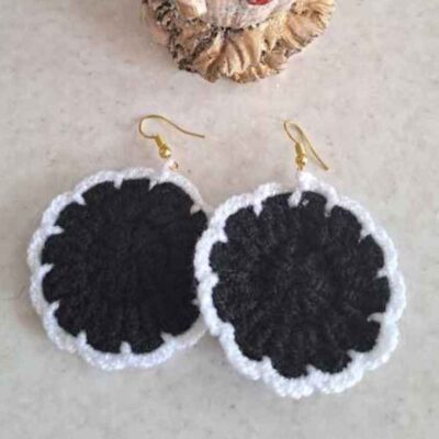 Knitted Earrings Drop Handcrafted for Women Black Round